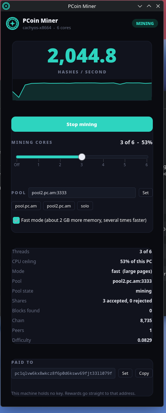 PCoin Miner desktop app on Linux showing 2,044 H/s