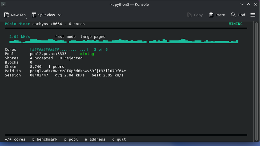 pcoin-miner running in a terminal in fast mode