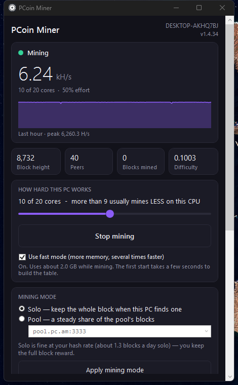 PCoin Miner on Windows showing 6.24 kH/s