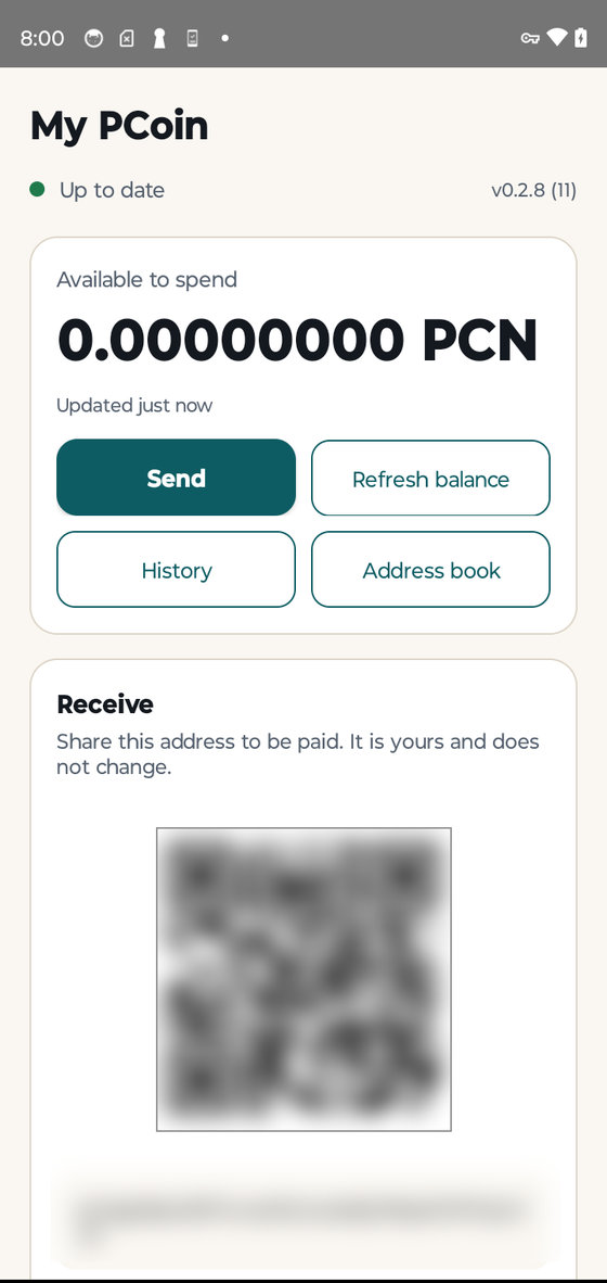 PCoin wallet on Android, synced and showing a balance